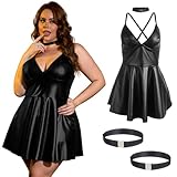 comeondear Lederkleid mit Bein Strumpfbänder Sexy Dessous Set- PU Leder Kleid Damen Babydoll Dessous Große Größen- Verstellbare Oberschenkel Strumpfhalter Legring Clubs Outfits Party