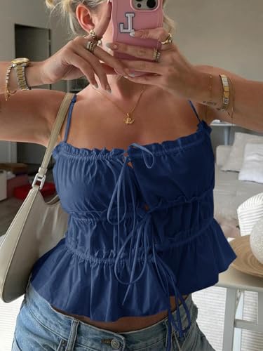 Image of Tankaneo Womens Summer Tie Front Crop Tops Cute Ruffle Ruched Spaghetti Strap Tank Tops Y2K Going Out Shirts