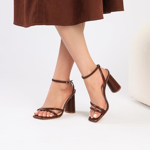 Image of RIBONGZ Block Heels Prom Heeled Sandals for Women Chunky Square Open Toe Strappy High Heels Ankle Strap Wedding Bridal Shoes High Heel Sandals for Party Dress