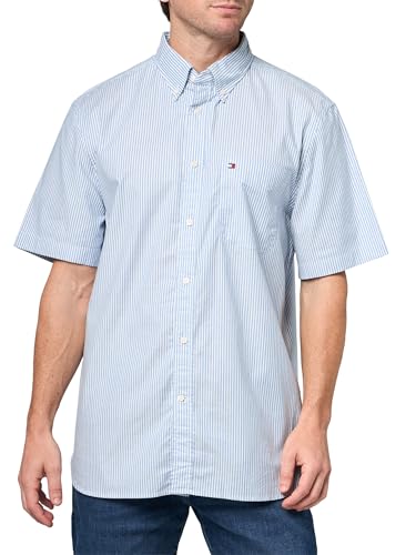Tommy Hilfiger Men's Oxford Stripe Regular Short Sleeve Shirts, Shirt Blue/Stripe X-Large