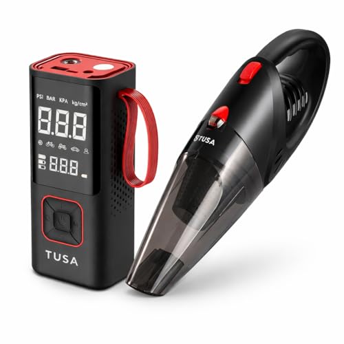 Image of TUSA Car Care Combo - Storm X 150 PSI Cordless Tyre Inflator (6000mAh, 12V DC) + High Power Portable Car Vacuum Cleaner | Rechargeable Emergency & Cleaning Kit