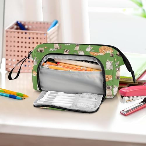 Image of Cat Print Big Capacity Pencil Pen Case Large Pencil Pouch | Portable Multi Compartment Zipper Pencil Bags Stationery Storage for Men Women College Office