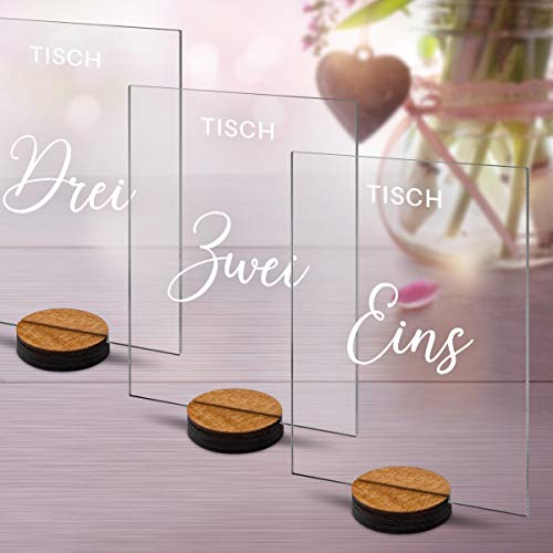 Hochzeit Tischnummern Acrylglas mit Lasergravur Milchig-Weiß Inkl. Standfuß Party Deko Set wählbar Rechteck - Schwungvoll Elegant (1-10)