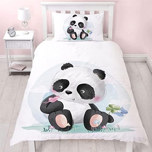 MUSOLEI Panda Single Duvet Cover Set Kids Bedding Set for Girls,Lovely Light Blue Quilt Bed Cover Flower Soft,Zipper with Pillowcase (Cute panda,Single)