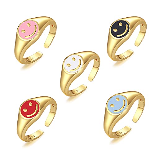 5 Pcs Smiley Face Rings,Gold Smile Ring for Women Girls Happy Face Rings Colorful Open Rings