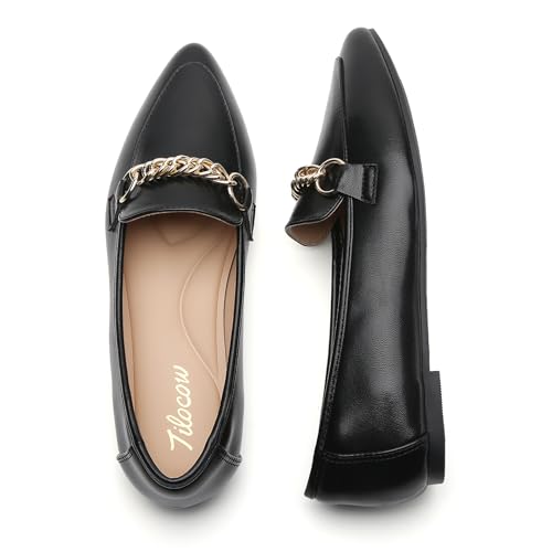 Image of Tilocow Metal Chain Loafers for Women Pointed Toe Slip on Flats Comfortable Fashion Work Shoes