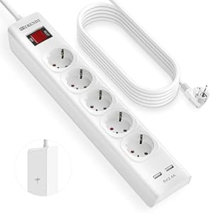 HITRENDS Mehrsteckdosen Überspannungsschutz,5-Fach Steckdosenleiste mit 2 USB, mit Schaltnetzteil (5V 2,4A), 16A Steckdosenleiste Berührungsschutz(Weiß)