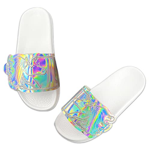 Dream Bridge Girls Sliders Beach Kids Slippers Summer Glitter Sandals Pool Fashion Glitter Shoes Slip On Anti-slip Glossy Rainbow Flip Flops for Boys and Girls Indoor Outdoor,silver,1 UK