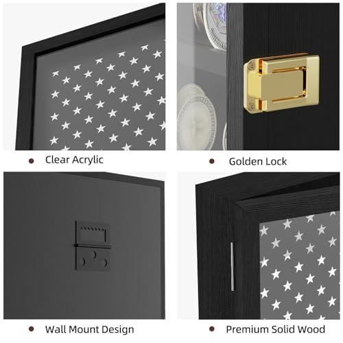 Image of TJ.MOREE Challenge Coin Display Case for Collection Wall Mount Black Wood | 13x15.8inches, American Flag Design & Hidden Storage Compartment