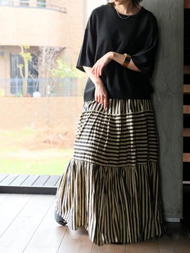 ebossy Women's Striped Tiered Maxi Skirt Elastic High Waist Flowy Pleated Long Cotton Skirts with Pockets3