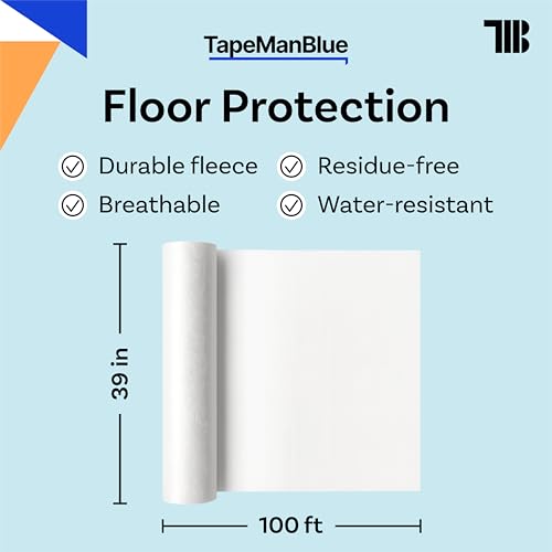 Image of TapeManBlue Temporary Floor Protector Roll, 39 inch x 100', Water and Slip Resistant, Heavy Duty Temporary Floor Covering for Construction, Painting, Moving, and Parties, Surface Protection Fleece, White