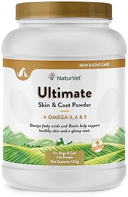 NaturVet Ultimate Skin & Coat Powder Pet Supplement for Dogs & Cats – Includes Omegas 3, 6, 9, Biotin, Vitamins – for Healthy Dog Coats, Cat Skin – Tasty Food Topper for Pets – 4 lbs.