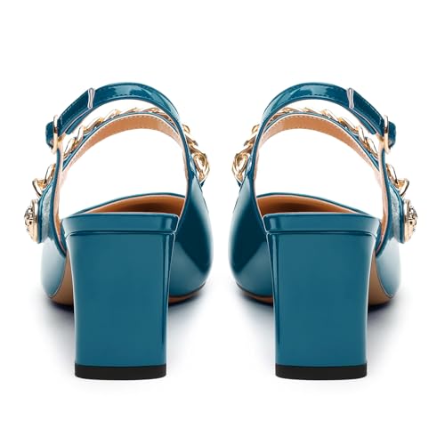 Women's Pumps, Slingback Pointed Toe Mid Chunky Heels, Patent Metal Chain Adjustable Strap Buckle Dress Shoes for Women 2.5 Inch4