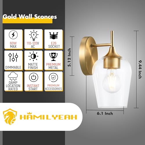 Image of Hamilyeah Gold Sconces Wall Lighting Set of 2, Bathroom Wall Lighting Fixtures Brass, Modern and Vintage Wall Lights with Clear Champagne Glass Shade for Bedroom, Fireplace, Hallway, Kitchen