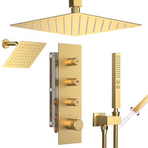 Image of Thermostatic Dual Shower System Brushed Gold,Push Button Diverter Rainfall Shower Faucet Set with 2 in 1 Handheld Spray,12'' Ceiling Mount and 6'' Wall Mount Rainfall Shower System