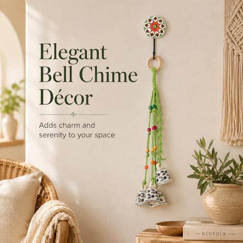 Image of KAAMERI BAZAAR Macrame Wind Chimes Enhance Living Space for Diwali (4 Bells, 1 Ring Tied with Green Macrame Thread)
