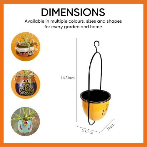 Image of AAKRITI ART CREATIONS Metal Hanging Planter | Handpainted Planter, Modern Art, Yellow Glossy Finish | Outdoor & Indoor Home Decor Items | Room Decoration Artifacts, Flower Pots for Living Room