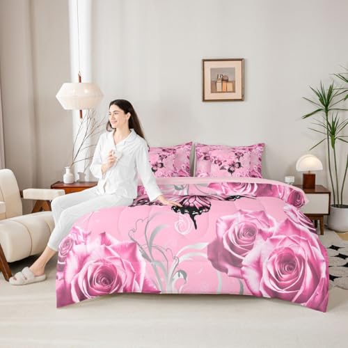 Image of Feelyou Cute Butterfly Comforter Set with Sheets 7 Piece Full Size 3D Butterflies Bedding Set for Kids Boys Girls Galaxy Dreamy Bed in a Bag Glitter Rose Floral Room Decor Soft Microfiber