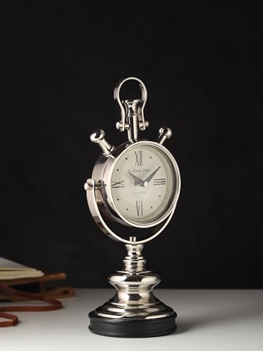 Image of Decor de Maison Brings Handcrafted Aristotime Table Clock for KidsRoom, Living Room, Bedroom, Study Table|Classic Non-Ticking Tabletop Battery Operated Analog Desk Clock in Silver (15x11x33cm)