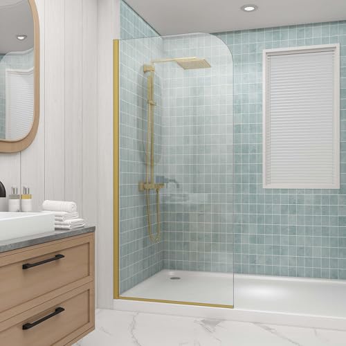 Sunrosa 32'×76' Shower Glass Panel,8mm Thick Shower Screen,Brushed Gold Semi-Frameless Bathroom Shower Door, Easy to Clean, Curved Angle Glass Panel