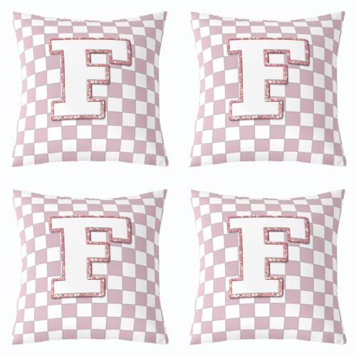 Image of Erosebridal Pink Initial F Throw Pillow Covers 16x16 Set of 2 Kawaii Plaid Checkered Pillow Covers Cute Personalized Monogram Cushion Cover Fashion Grids Gingham Pillow Cases for Couch Sofa