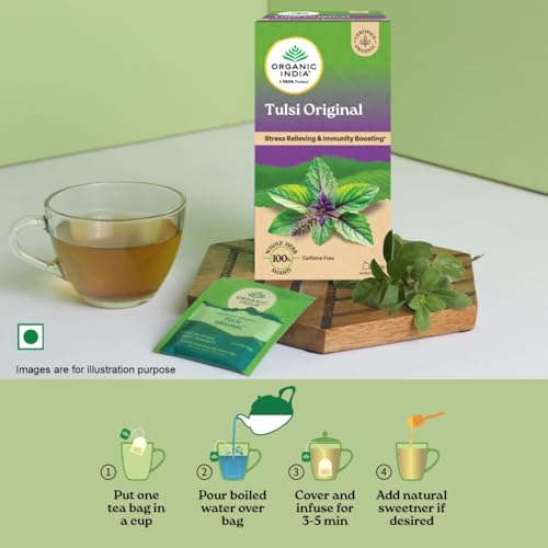 Image of A TATA Product - Organic India Tulsi Original - 25 Tea Bags, Caffeine-Free Herbal Tea with Tulsi, Natural Detoxifier, Rich in Antioxidants, Convenient Staple-Free Bag