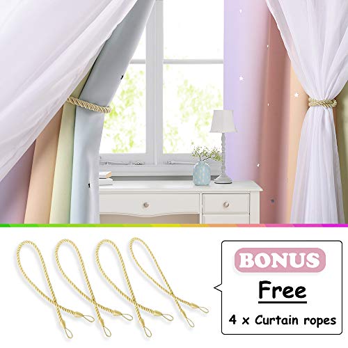 Nicetown Kids Curtains Teen Girl Bedroom Decor, Stars Cut Out Rainbow Stripe Blackout Drapes With Sheer Curtains 63 Inch Length For Living Room/Nursery (2 Panels, 52 Inches Wide, Rainbow) #TOP2