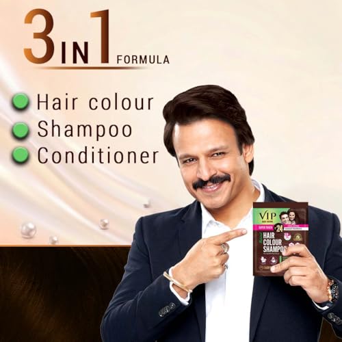 Image of VIP Hair Colour shampoo Semi Permanent Hair Color at home with 100% Grey Coverage, Travel Friendly Pocket Dark Brown Sachet, 10ml(Pack of 10)