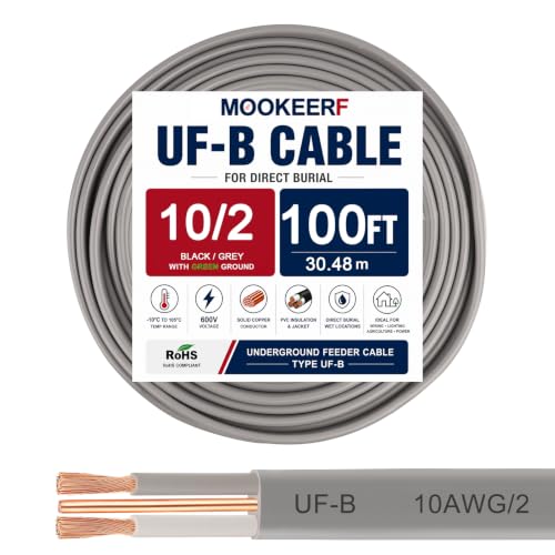 10/2 UF-B Wire - 100FT 10 Gauge Direct Burial Electrical Cable 100% Pure Copper 10AWG 2 Connector for Underground Feeder Wet or Corrosive Locations Indoor & Outdoor etc
