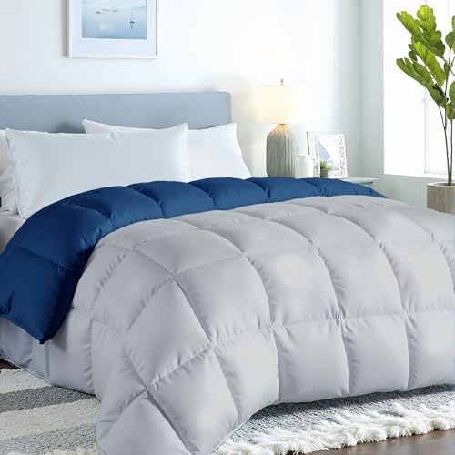 Image of ROYALE LINENS Reversible Comforter - Queen Size Duvet Insert - All Season Soft Quilted Comforters with 8 Corner Tabs - Down Alternative Bedding Comforter - Duvet Insert (Navy /Silver, Queen 88 inchx88 inch)