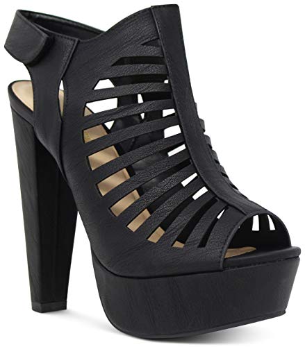 Marcorepublic Milan Peep Toe Slingback Ankle Strap Cut Out Platform Chunky Stacked Heels Sandals Pumps - (Black) - 10 #TOP2