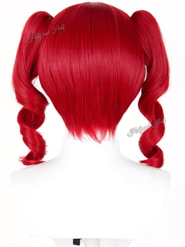 Image of Half and Half Short Curly Deep Red Anime Ponytail Wig with Bangs for Women Dark Red Twin Tails Virtual Singer Lolita Wigs Game Clown Wig for Halloween Party Costumes Daily
