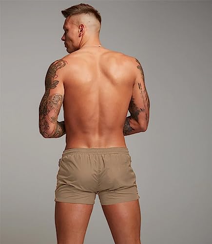Mens Swim Trunks Quick Dry Swimwear Zipper Pockets, Swim Shorts With Mesh Lining Khaki #TOP1