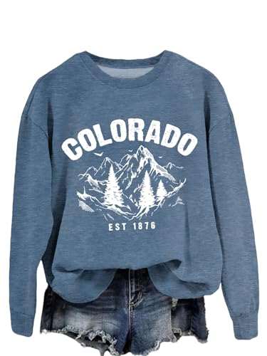 XEXOAQ Colorado Sweatshirts Women Mountain Retro Graphic Crewneck Pullover Casual Long Sleeve Shirts Winter Fall Tops Blue