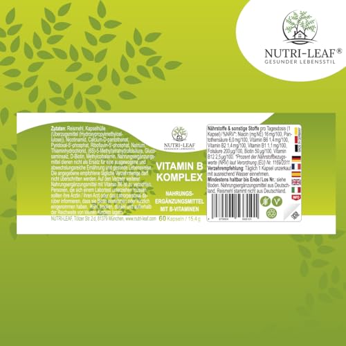 Vitamin B Komplex hochdosiert mit B12 B6 Folsäure B1 und allen 8 B Vitaminen für Energie Nerven geistige Leistung ohne unnötige Zusatzstoffe Kapseln Made in Germany von NUTRI LEAF