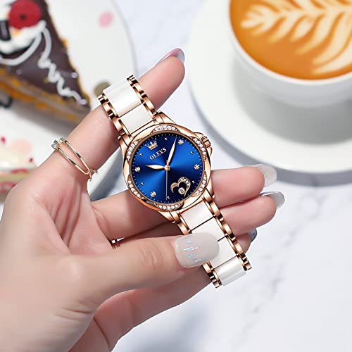 Image of OLEVS Watches for Women Dress Roman Numerals Diamonds Stainless Steel Waterproof Silver Designer Metal Date Expanding Bracelet Ladies Wrist Watch, Blue, 华丽的