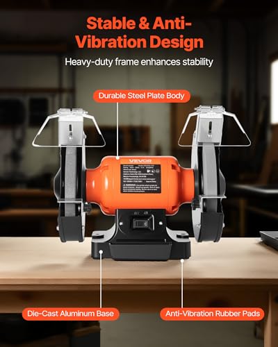Image of VEVOR Bench Grinder, 8-inch Single Speed, 3450RPM High-Speed Table Grinders with 550W 4.5A 3 /4Hp Induction Motor, 36 /60-Grit Grinding Wheel & Adjustable Eye Shield for Fast Sharpening Grinding