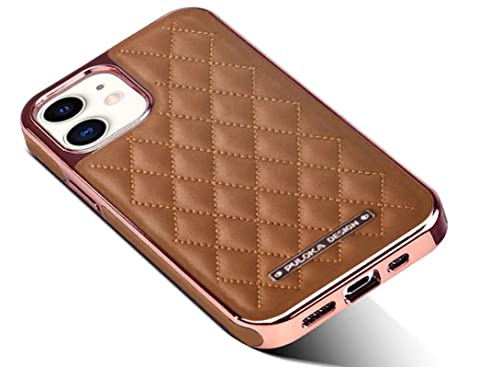 Image of PULOKA iPhone 11 Leather Back Cover Royal Diamond Pattern with Electroplated Cover Compatible for Apple iPhone 11 6.1 inchinch - Brown