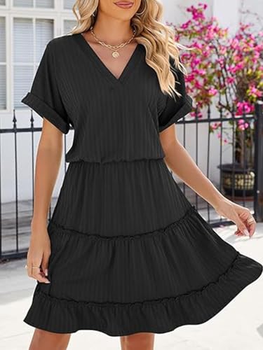 Image of PerZeal Women's Casual V Neck Short Sleeve Tiered Dress Ruffle Hem A-Line Flowy Swing Midi Dresses