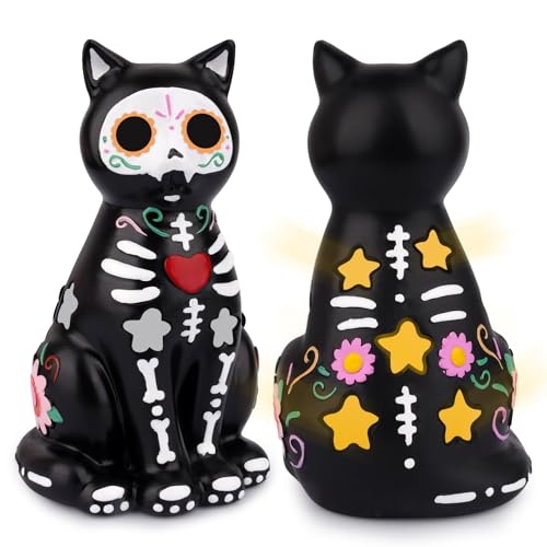 Hkojewp Day of The Dead Figurine, Halloween Black Cat Statue, Spooky Black Cat Resin Sugar Skull Floral Statue, Indoor Decor Gifts for Halloween Home Party Display Decoration