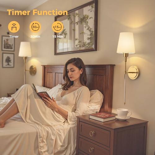 Image of DORESshop Battery Operated Wall Sconce Set of 2, Wall Light Wireless Easy to Install, Dimmable and Adjustable Sconce Wall Decor, Rechargeable Wall Lamp for Bedroom, Living Room, Gold and Glass 24.6in