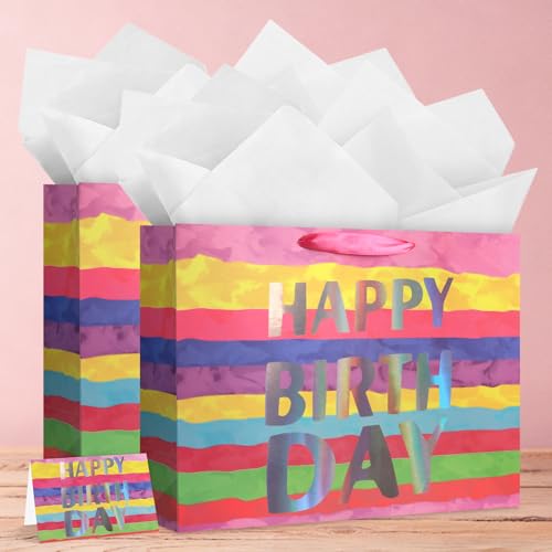 Image of JMANNI Large Happy Birthday Gift Bag with Tissue Papers and Greeting Card,Portable Paper Gift Bags with Handles, Colorful Present Bags for Women Girls Birthday Party Supplies 13 inch x 10.2 inch x 4.7 inch