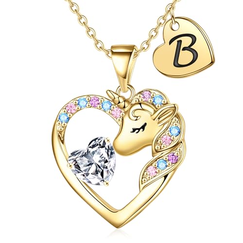 Collares de corazón e inicial joyería de unicornio infantil colgante