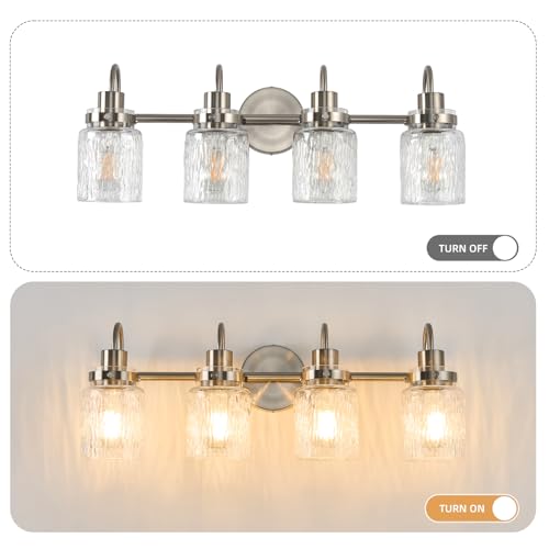 Image of 4 Lights Hammered Glass Bathroom Vanity Light,Brushed Nickel | Easy Installation,Up or Down,Farmhouse Modern Style,E26 Socket,ETL Certification