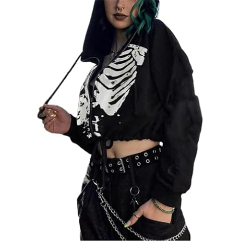 Women Skeleton Crop Top Hoodie Y2K Cropped Gothic Emo Grunge Alt Aesthetic Cyber E-Girl 90s Dark Academia Skull Retro, Black, Medium Cover