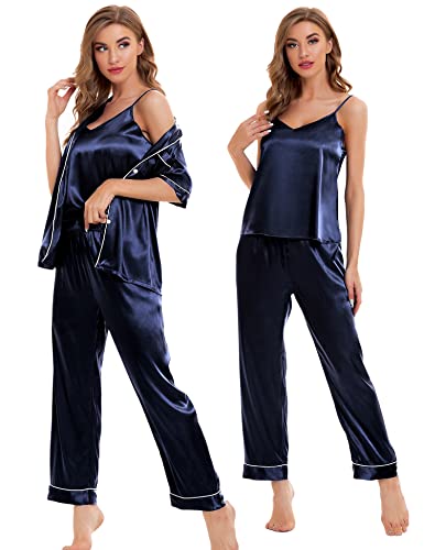 Image of SWOMOG Womens Silk Satin Pajamas Sets 4pcs Sleepwear Sexy Cami Shorts Set and Button Down Short Sleeve Pjs Loungewear