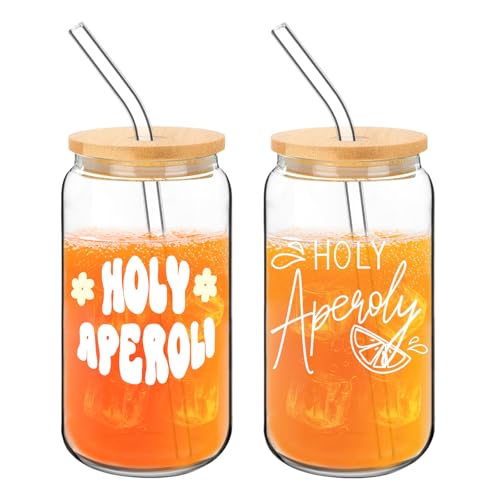 FloralGrace 2 Bicchieri per Aperol, Bicchiere con Coperchio e Cannuccia, Holy Aperoly, Regali di Aperol per Donna, per cocktail, Regali di Aperol, Set Regali di Bicchieri per Aperol Spritz