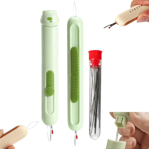 Runsgo The Set Includes 1 * 3 in 1 Automatic Needle Threaders Seam Ripper with Needle Storage and 2 Needles 1 * 2 in 1 Needle Threaders Seam Ripper 18*Needles (67Mm*3 60Mm*3 50Mm*3 46Mm*9) (Green)