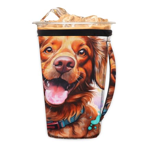 Cute Watercolor Dogs Reusable Neoprene Coffee Sleeve with Handle Insulated Iced Coffee Cup Holder Reduces Condensation Fits 24-28 oz Cups M