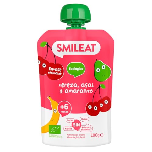 Smileat - Pouch Ecológico de Cereza, Açai y Amaranto, Ingredientes Naturales Bebibles, Para Bebés a Partir de los 8 Meses - 100g